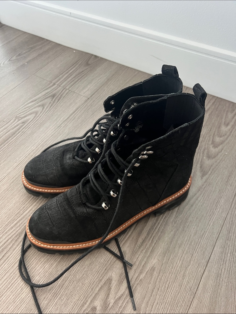 Marc Fisher Black Quilted Lace-Up Women's Ankle Boots with Tan Welt